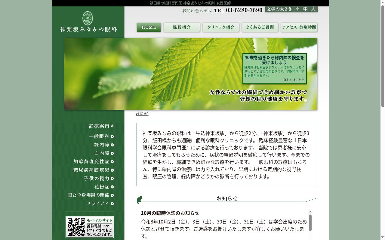 神楽坂みなみの眼科の公式サイトのスクリーンショット
