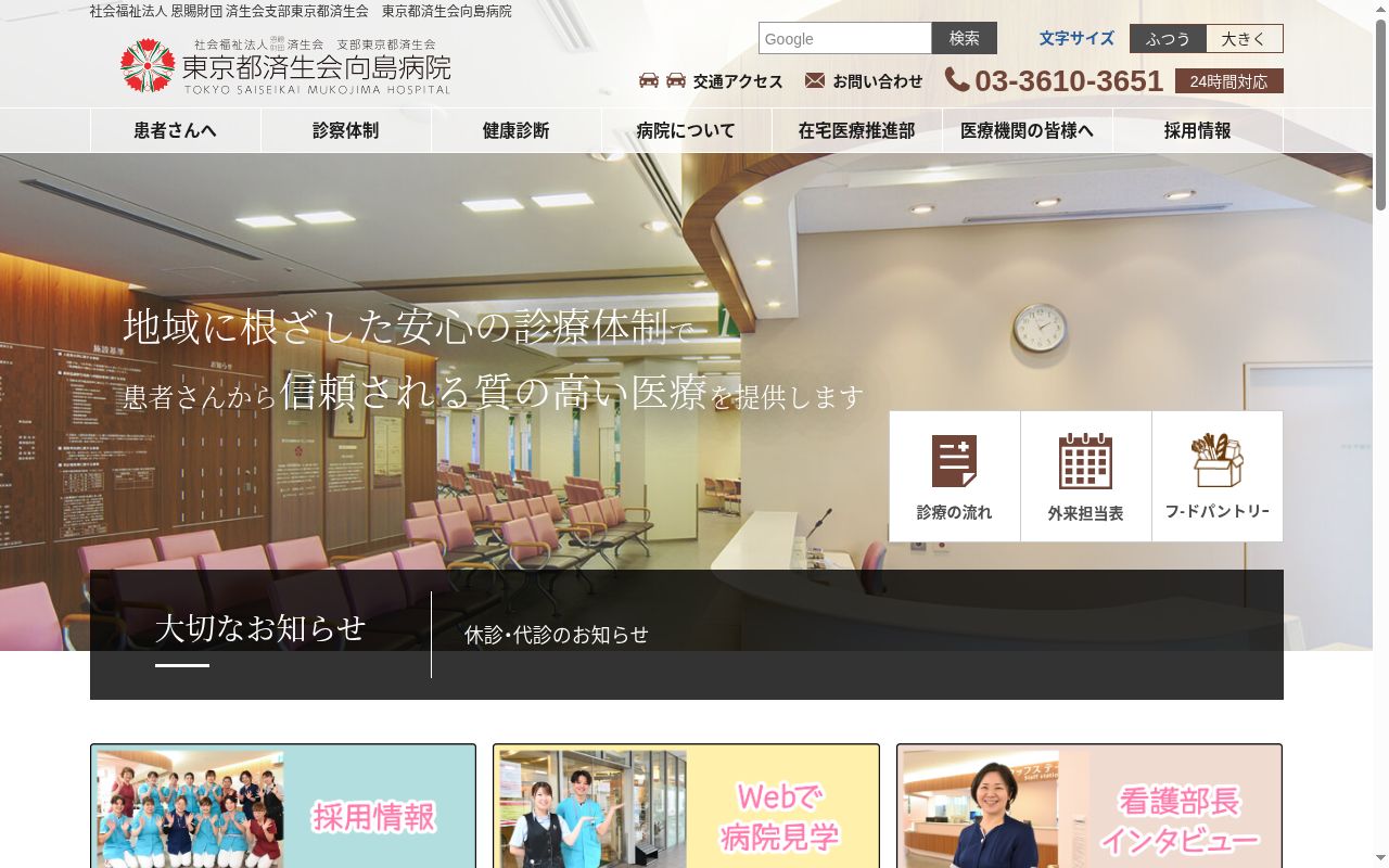 社会福祉法人恩賜財団済生会　支部東京都済生会　東京都済生会向島病院の公式サイトのスクリーンショット