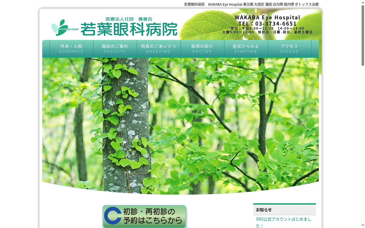医療法人社団善春会　若葉眼科病院の公式サイトのスクリーンショット